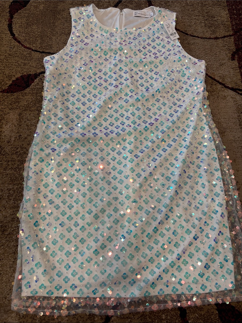 New York & Company White Top with Aqua Iridescent Floral Sequins